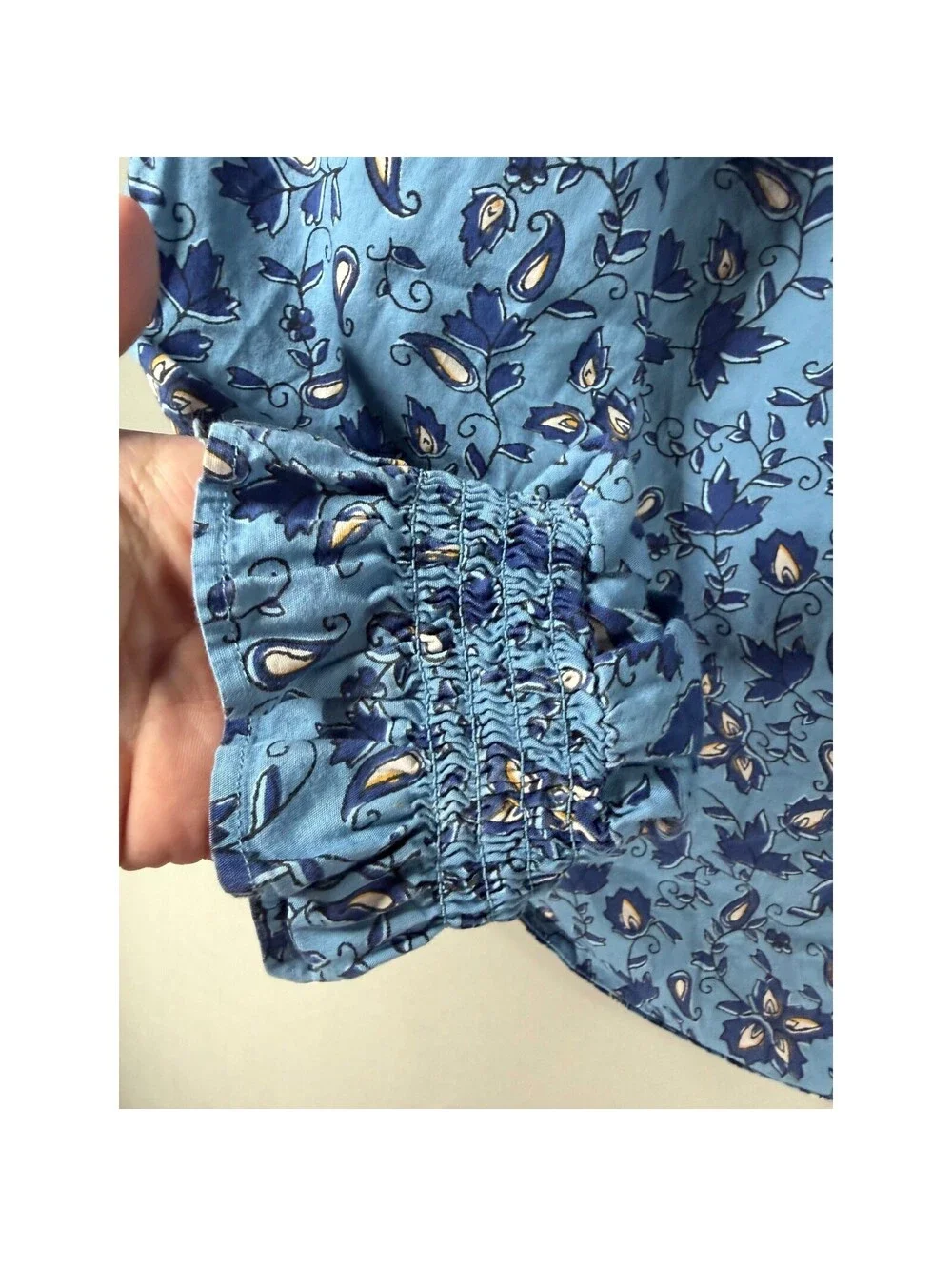 J.Crew Blue Floral Paisley Smocked Cuff Blouse Top Womens Large Cotton Blend